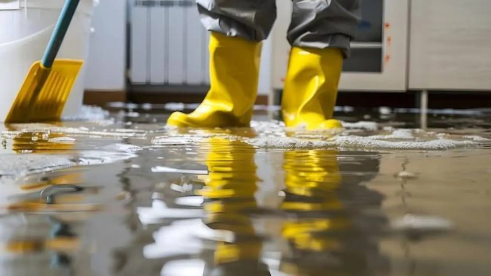 Person in yellow rubber boots sweeping floodwater across a floor