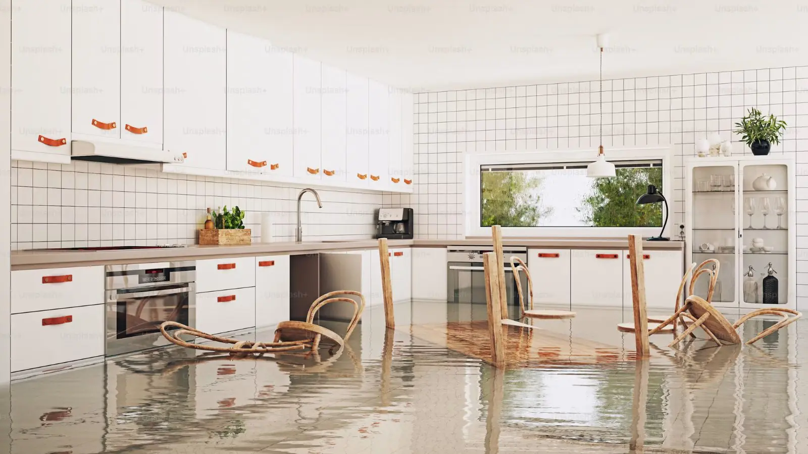 Kitchen with standing water covering the floor