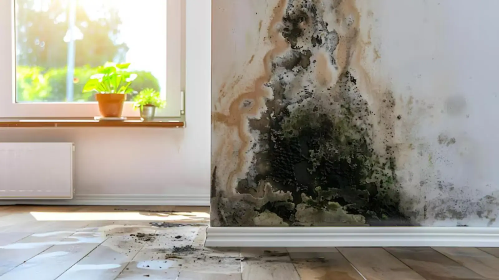 Dark mold growing in a room corner beside a window