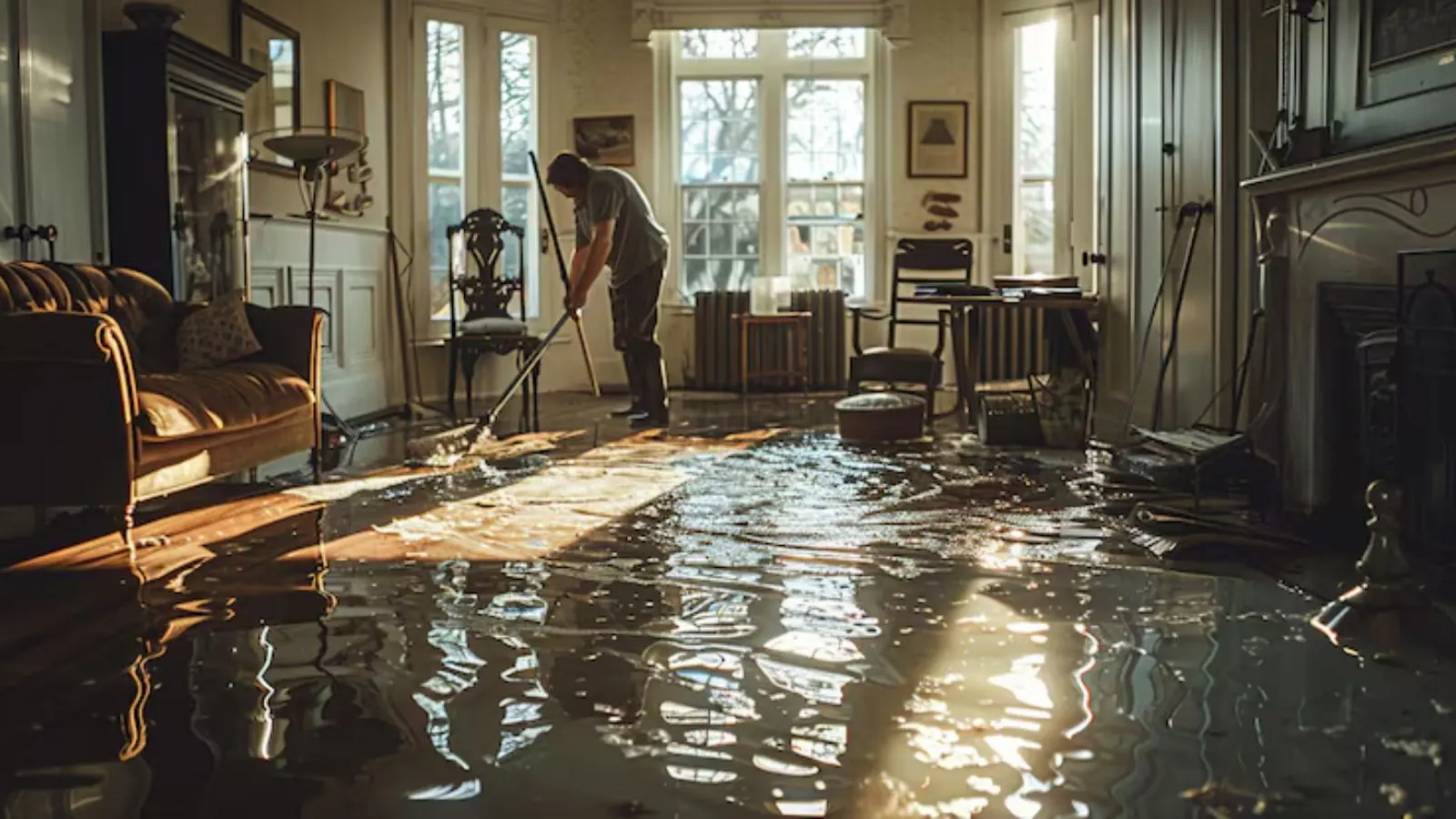 Person mopping standing water in a flooded living room