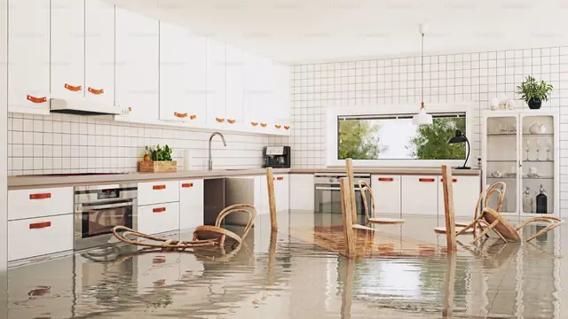 Kitchen with standing water covering the floor