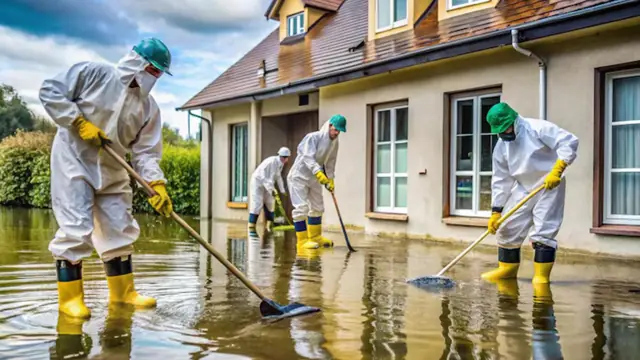 Crew in protective suits and yellow boots clearing floodwater outside a house
